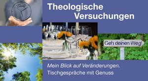 Bilder von Sonne, die durch Blätter scheint, einem Wegweiser und Blumen auf einem gedeckten Tisch, dazwischen Text, der zu einer Veranstaltung einlädt